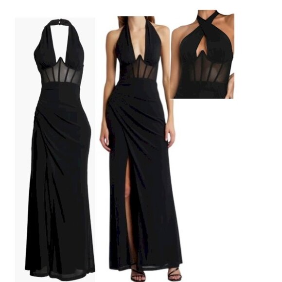 Never-Ending Glamour Black Mesh Cross-Front Halter Maxi Dress Size XS NWOT - Picture 4 of 13
